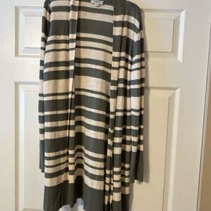 LOFT Gray/Olive and Cream Striped Cardigan